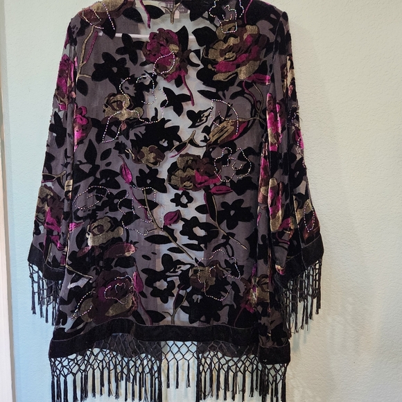 JR Nites Vtg Floral Shell Blouse Fringe Velvet Burnout Dark Fairy Whimsigoth L - Picture 10 of 13